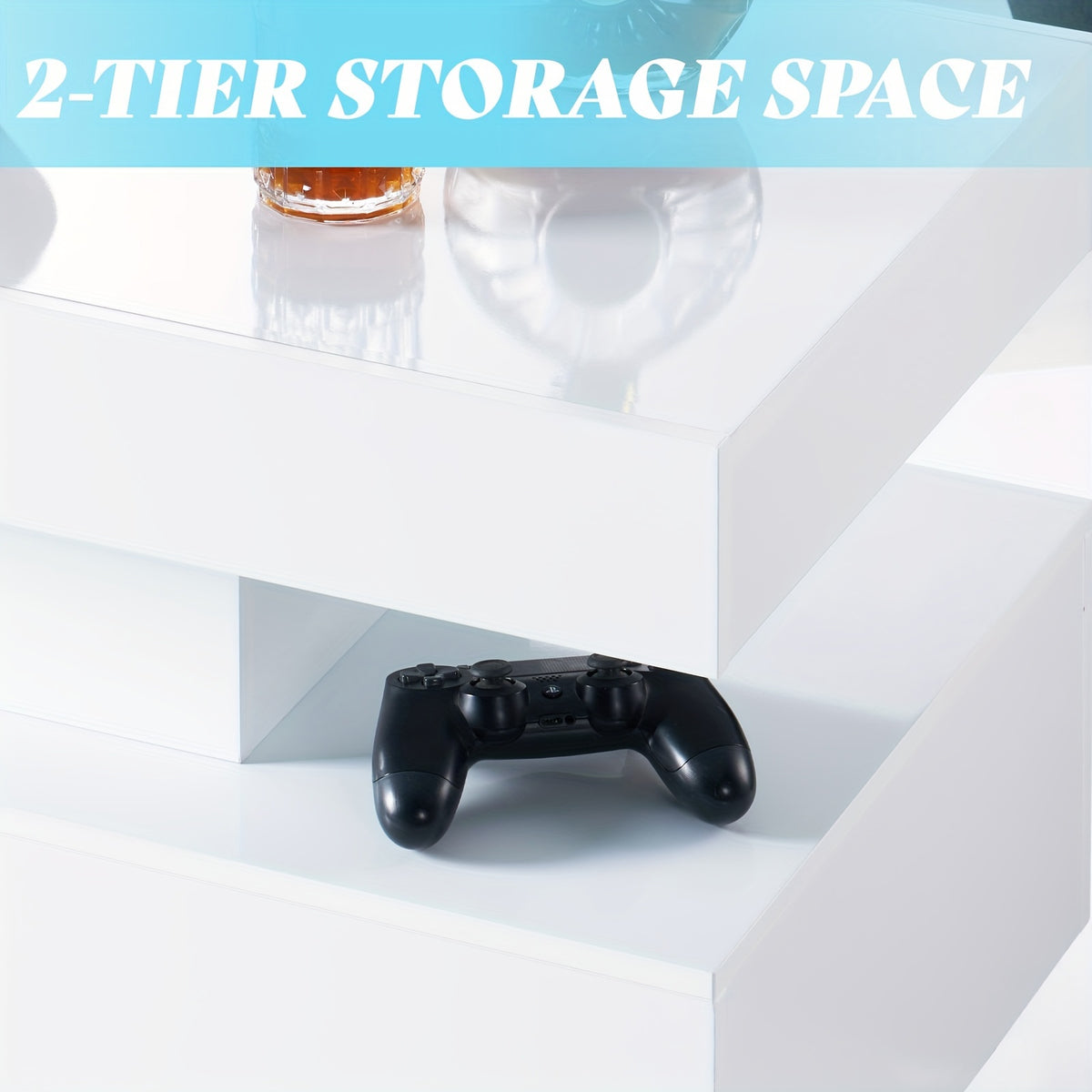 Annotated detail of the white coffee table's two-tier storage space