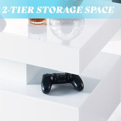Annotated detail of the white coffee table's two-tier storage space