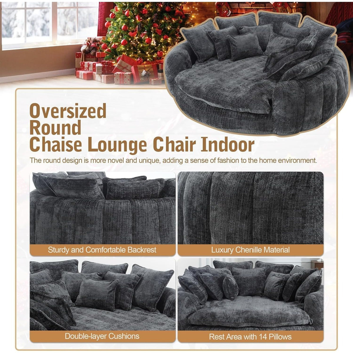 Oversized Round Chenille Lounge Sofa — dark grey chenille and pillow detail panel.