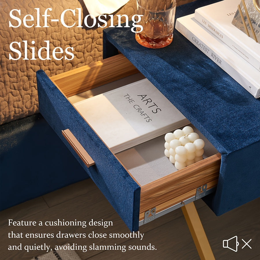 Close-up of the Royal Blue nightstand drawer and its closing-slide feature