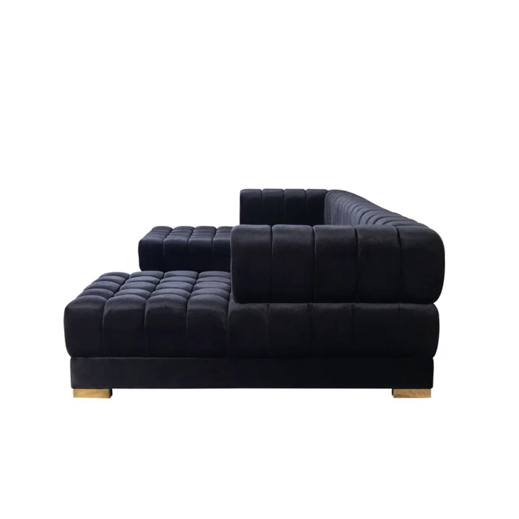 Black Velvet U Shaped Three Piece Sofa and Chaise Sectional With Toss Pillows - 643884