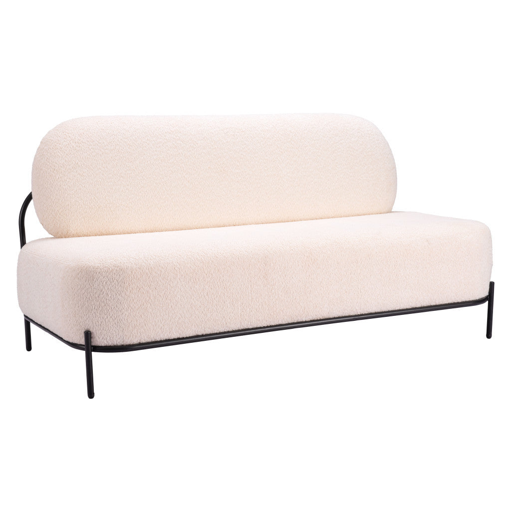 Vanilla textured sofa with rounded seat and back cushions on a slender black steel frame, front three-quarter view.