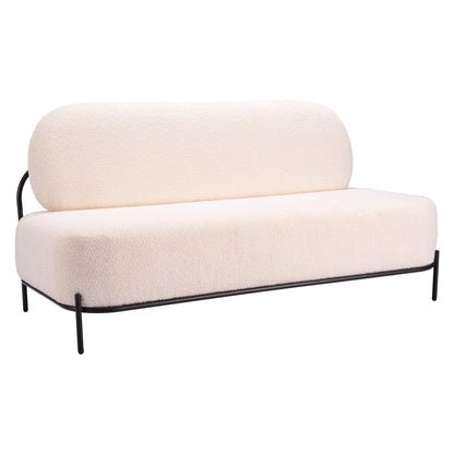 Vanilla textured sofa with rounded seat and back cushions on a slender black steel frame, front three-quarter view.