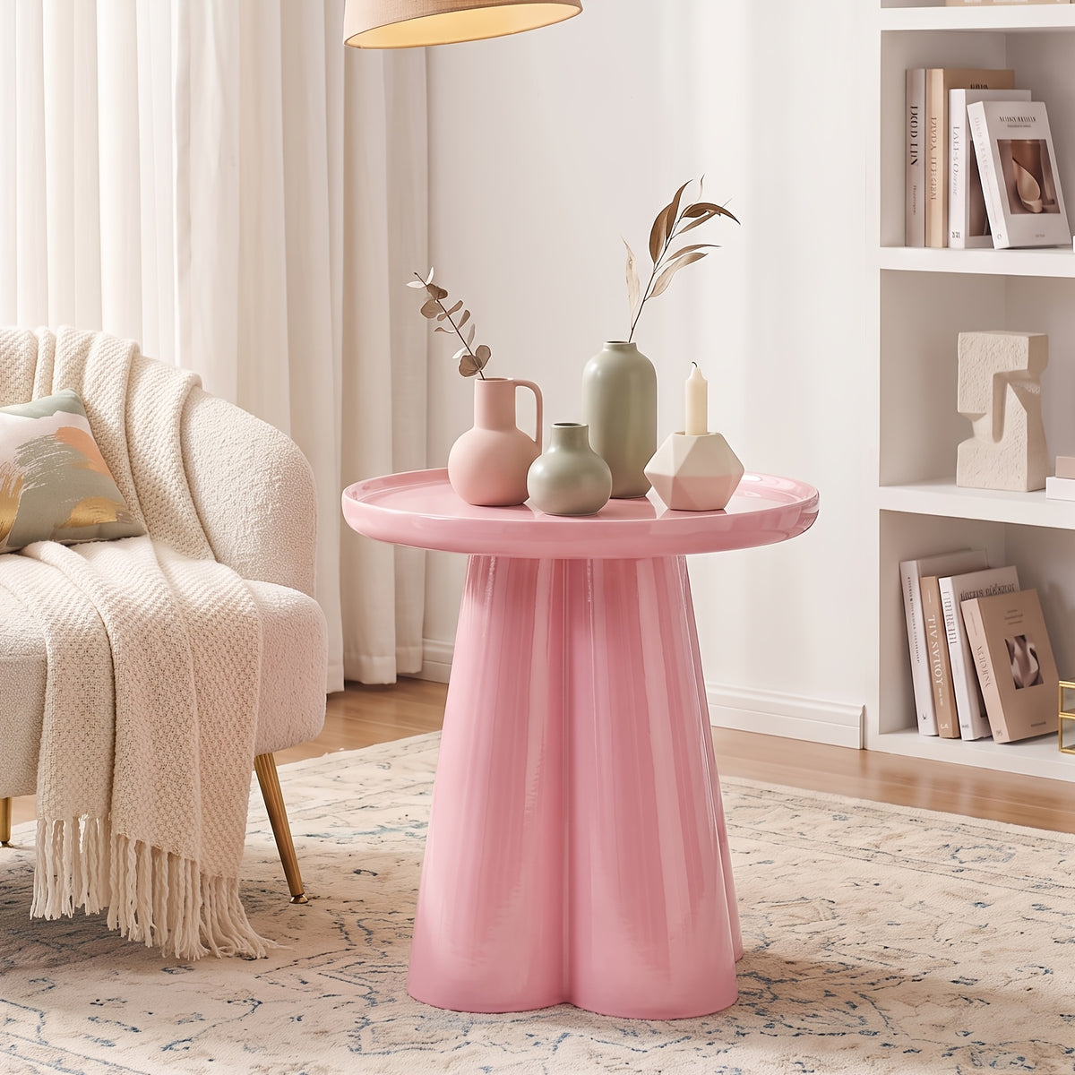 High Glossy End Table, Side Table, Petal Base Tray Top Design, Modern Nightstand, Accent Table, for Small Spaces, with 19" High Base, for Living Room Office Apartment, No Assembly - Blue/Green/Pink