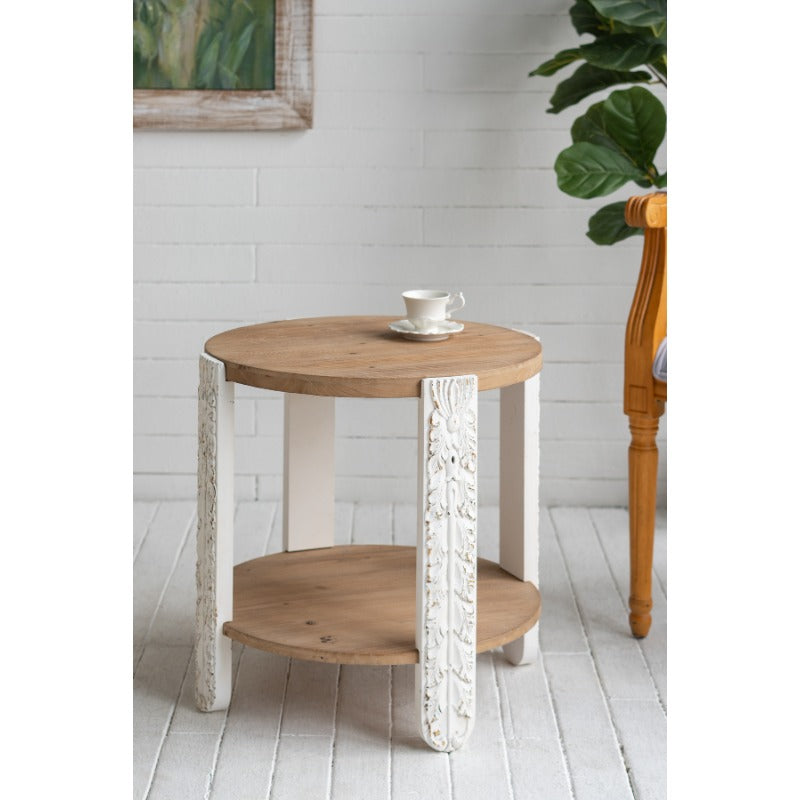 20X20X19.7 Round Two-Tiered Wooden Side Table with Natural Brown End And Distressed White Legs. Easy to Assemble - As Pic