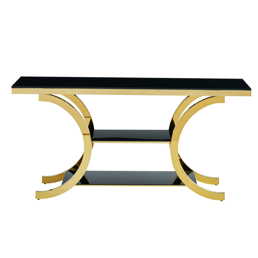 Front product view of the black glass console and paired gold crescent supports