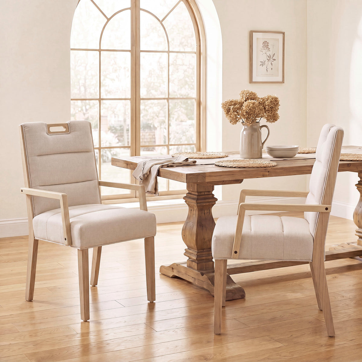 Natural finish beige upholstered dining armchair with a rubberwood frame