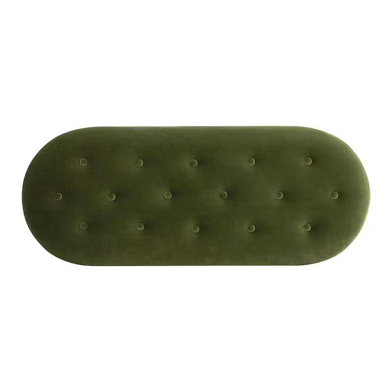 Top view of the olive button-tufted oval bench