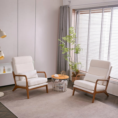 White high back upholstered lounge chair with a warm wood frame