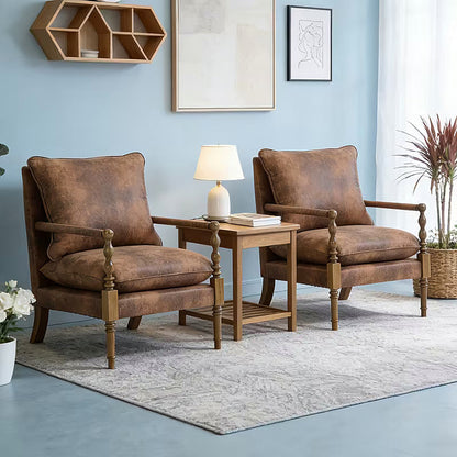Coffee brown upholstered accent chair with turned wood front posts