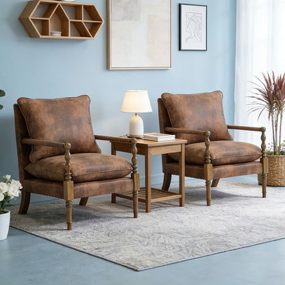 Coffee brown upholstered accent chair with turned wood front posts