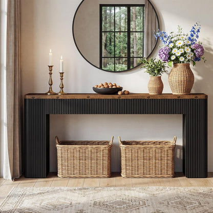 Front room view of the extra-long black fluted console with baskets beneath.