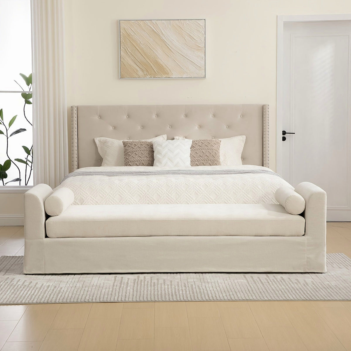 Wide Chenille Bench with Bolster Pillows