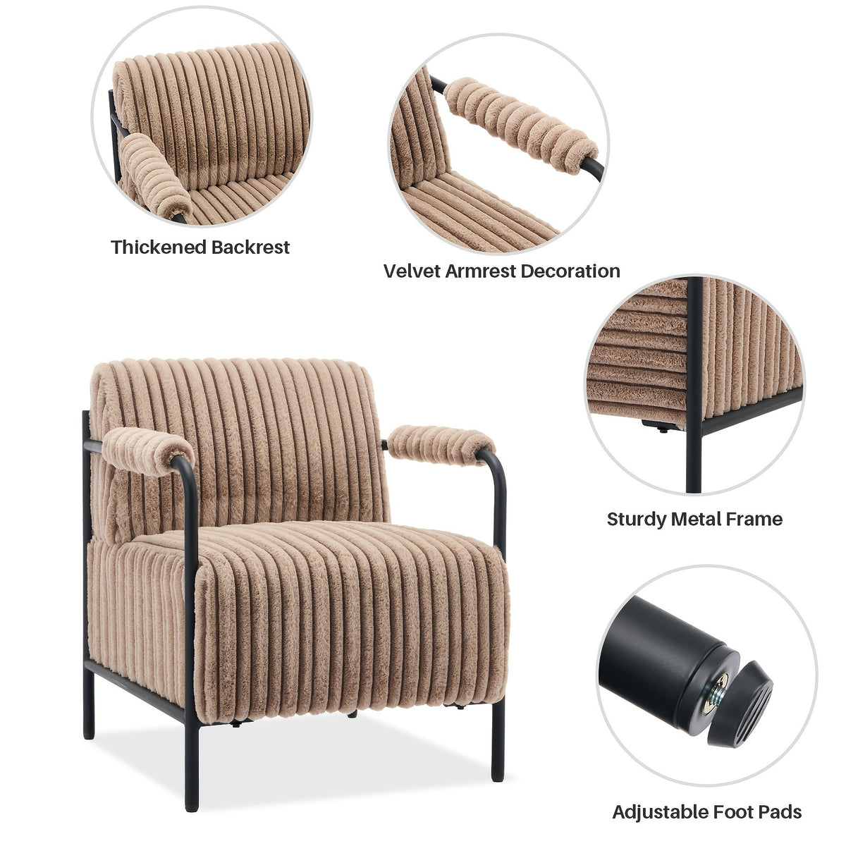 Ribbed Accent Chair with Adjustable Foot Pads — back, metal frame and foot details