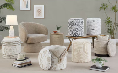 Supplier styled collage of several fabric ottomans
