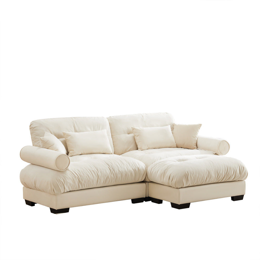 Cream Velvet Sofa with Matching Ottoman — opposite three-quarter product view.