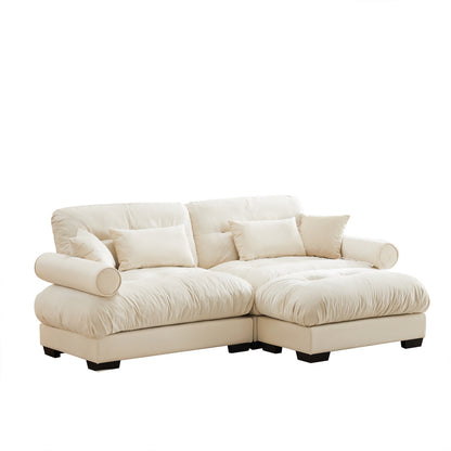 Cream Velvet Sofa with Matching Ottoman — opposite three-quarter product view.
