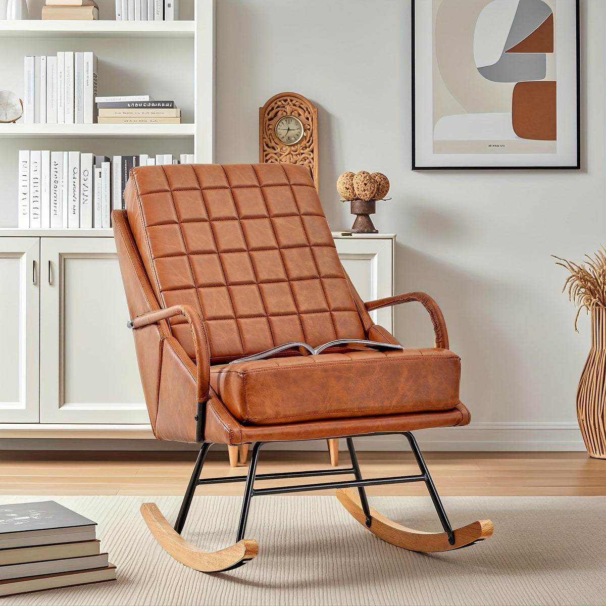 Brown high back grid stitched rocking chair with wood runners and a black metal support frame