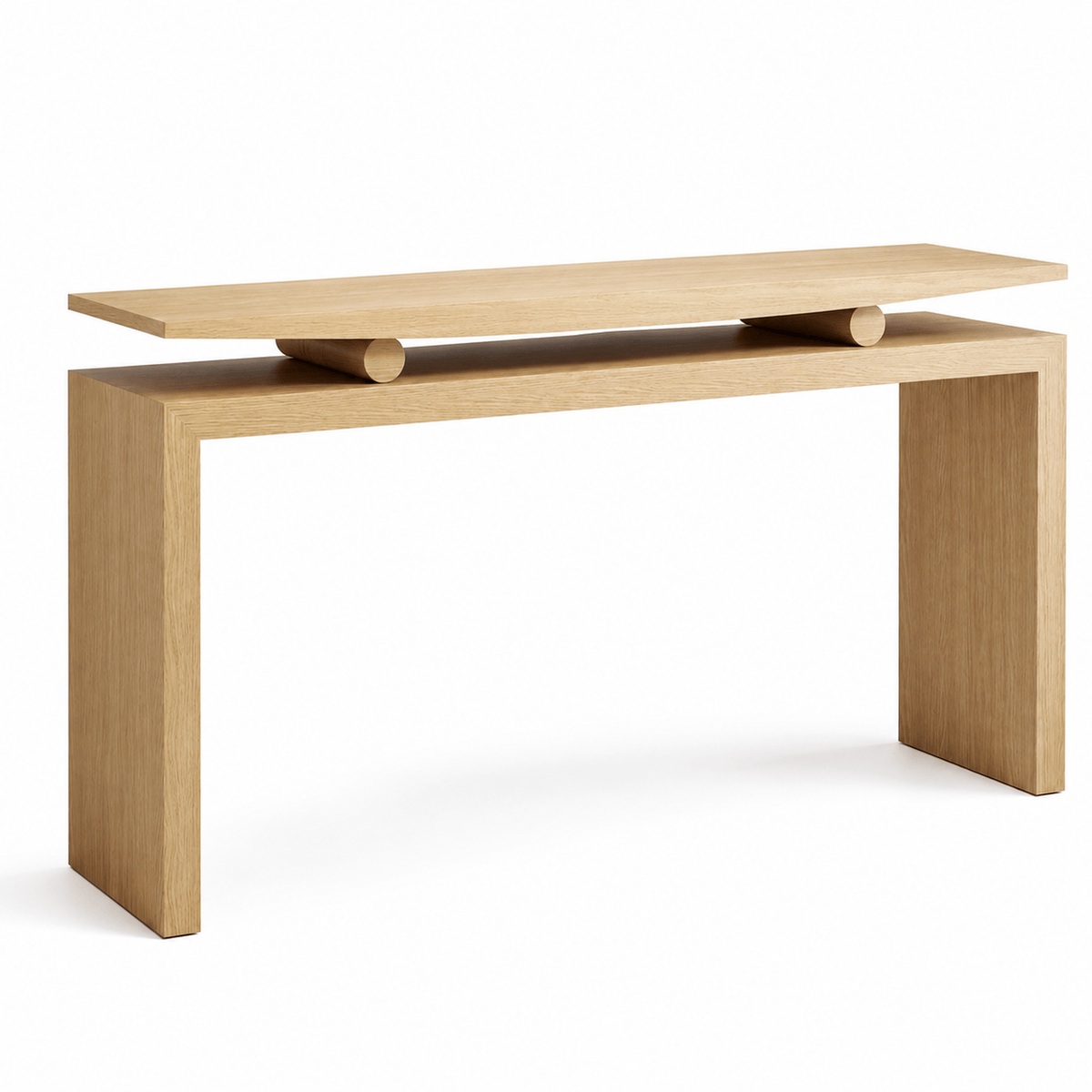 Unstyled angled view of the natural wood console with raised top and cylindrical supports