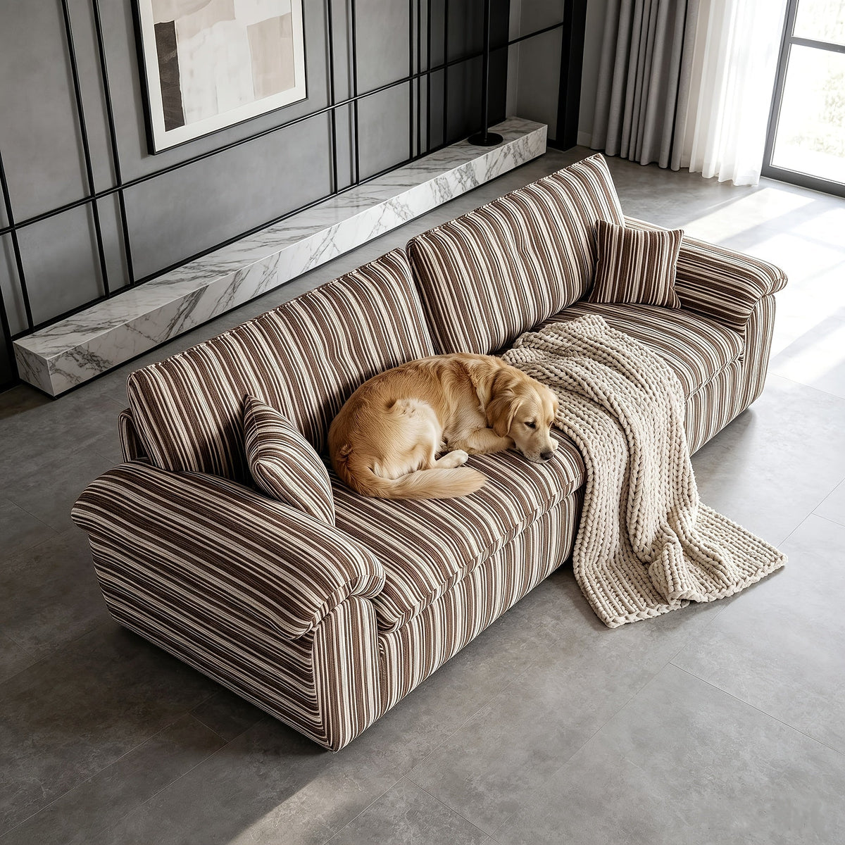 Wren Green Striped Deep-Seat Cloud Sofa — brown colorway reference shown with a dog; available option is green