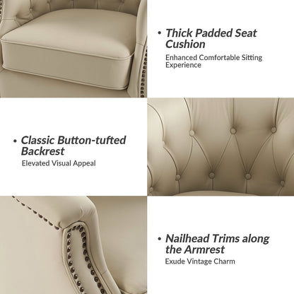 White genuine leather Chesterfield swivel rocking armchair with rolled arms