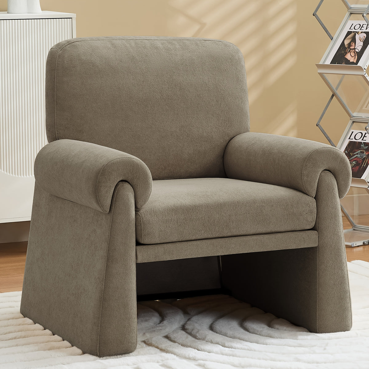 Rolled-Arm Chenille Accent Chair — taupe rolled-arm chair
