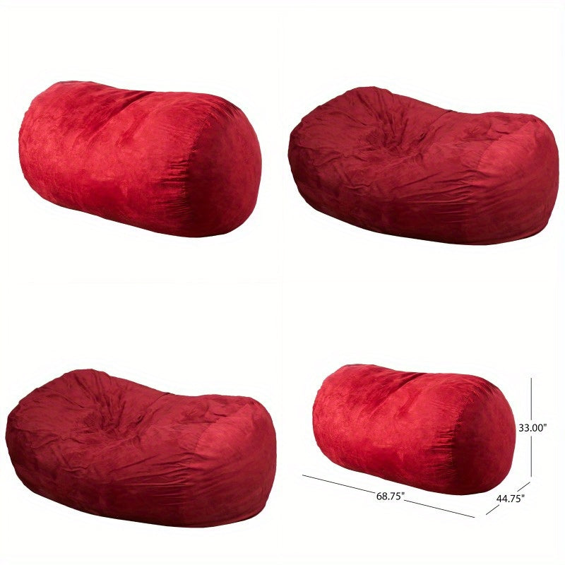 Collage showing red bean bag front, rear and dimension views