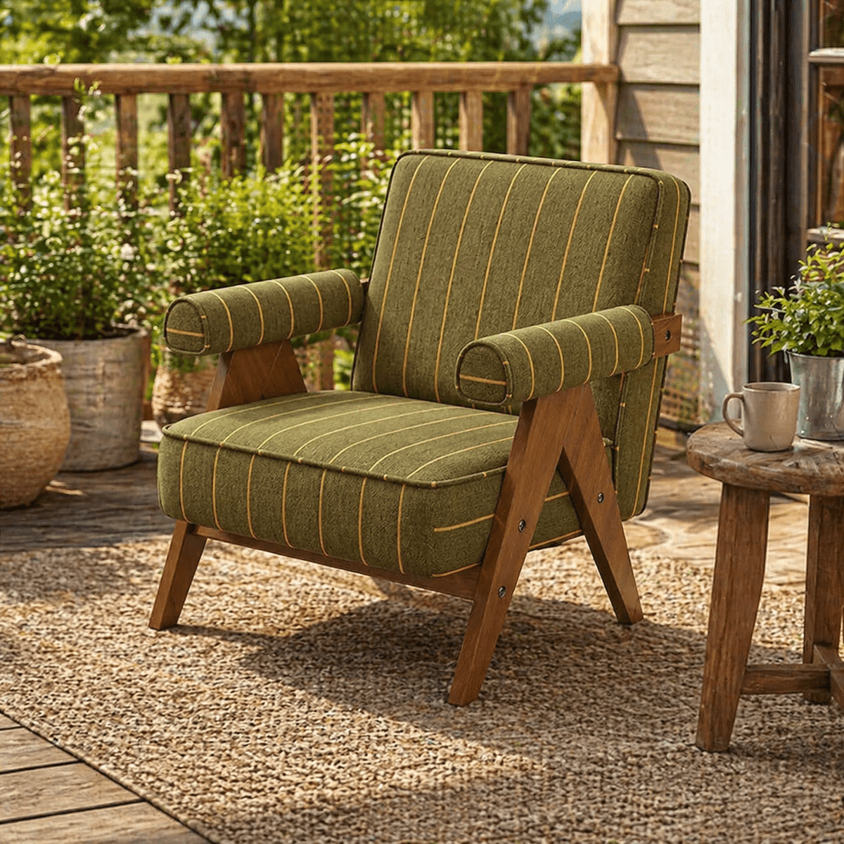 Patterned Accent Chair with Rubberwood Frame — three-quarter view of the green striped chair