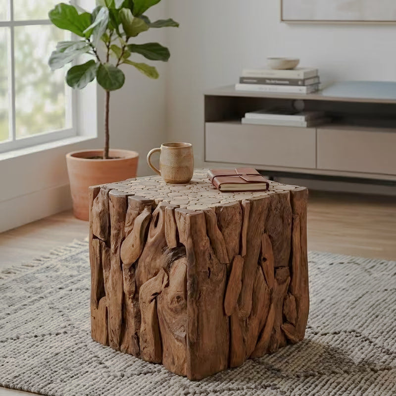 Root-style cube end table with irregular textured sides and a cup on top