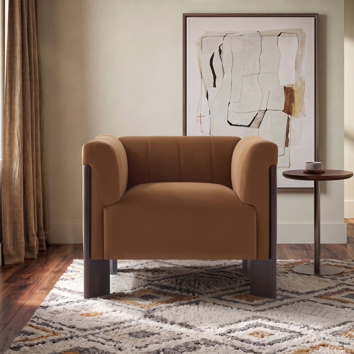 Caramel Channel-Back Velvet Armchair — caramel front view in a living room
