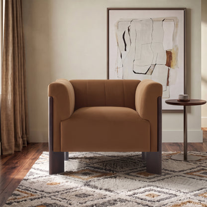Caramel Channel-Back Velvet Armchair — caramel front view in a living room