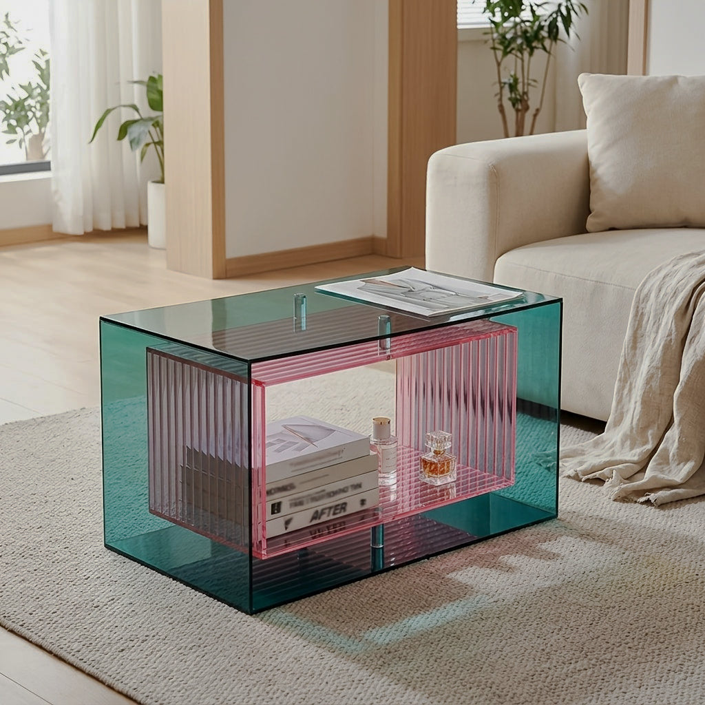 Horizontal acrylic display cabinet with books inside beside a bed