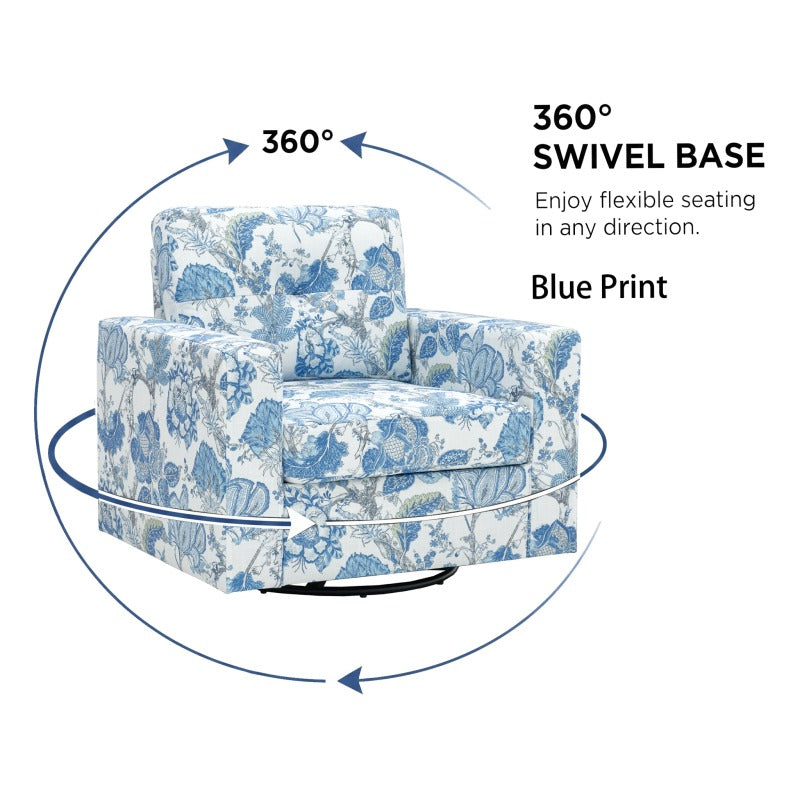 Blue Botanical Swivel Accent Chair — swivel base rotation diagram.