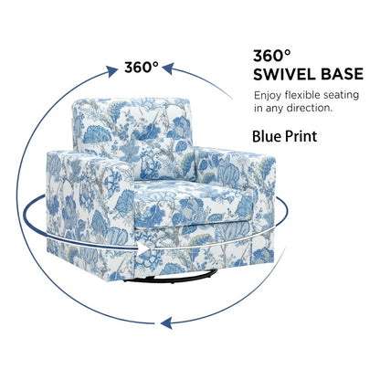Blue Botanical Swivel Accent Chair — swivel base rotation diagram.