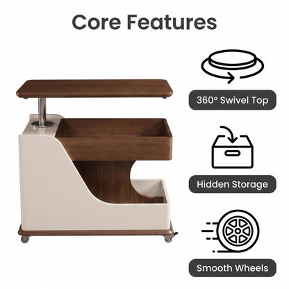 Side-table feature diagram showing swivel top, hidden storage and wheels