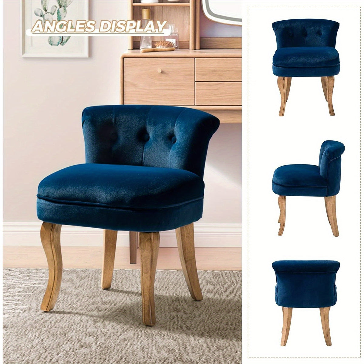 Collage showing the navy vanity chair from front, side and rear angles
