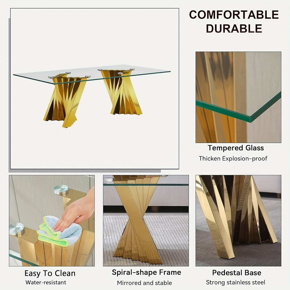 Glass-Top Tables with Twisted Stainless-Steel Bases