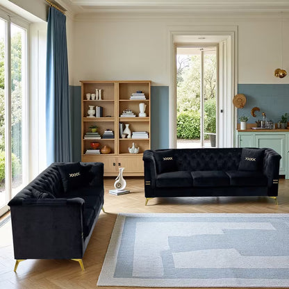 Black Velvet Two-Sofa Set — two-sofa arrangement in a contemporary room.