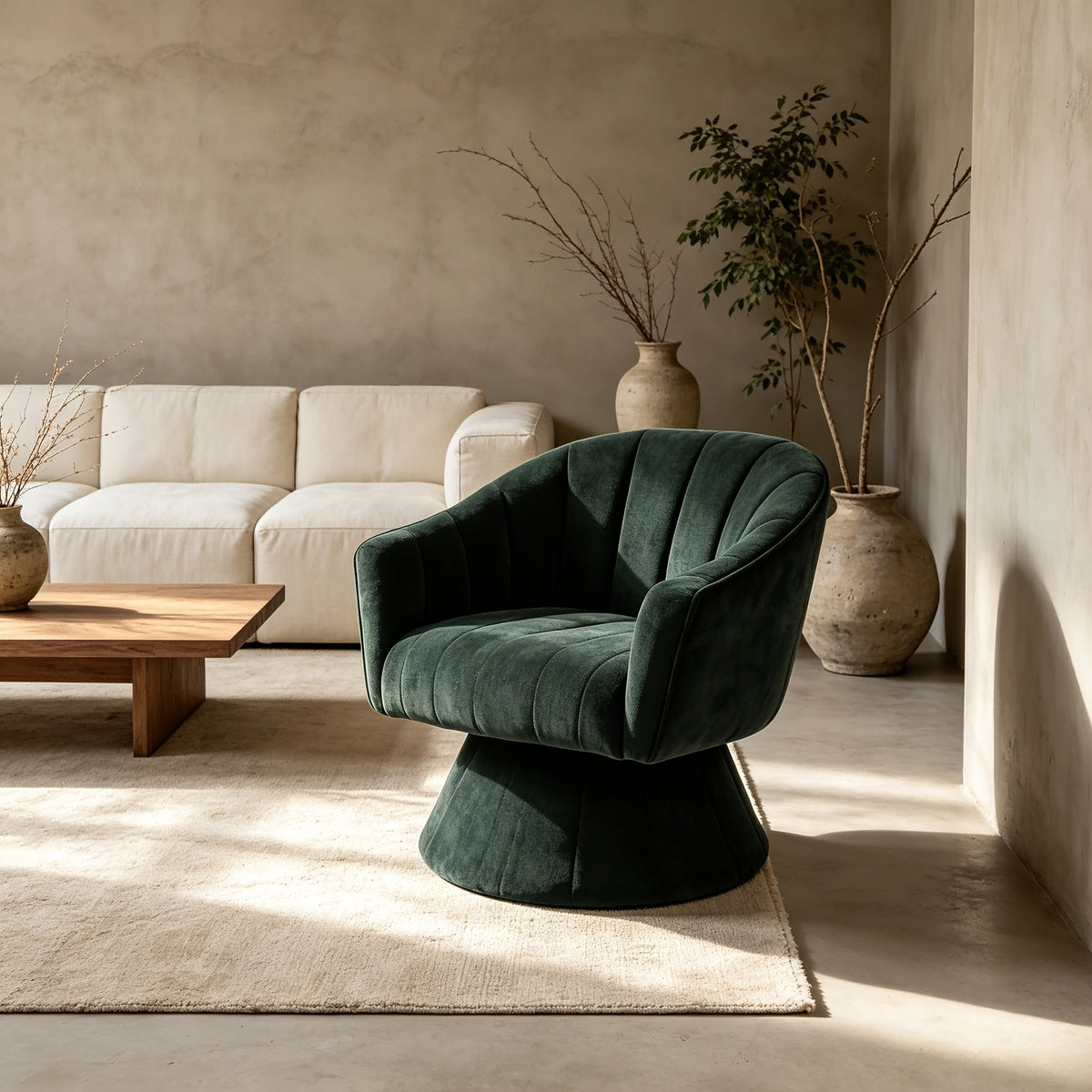 Channel-Tufted Swivel Barrel Chair — dark Green front three-quarter view in a living room