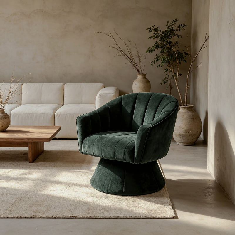 Channel-Tufted Swivel Barrel Chair — dark Green front three-quarter view in a living room