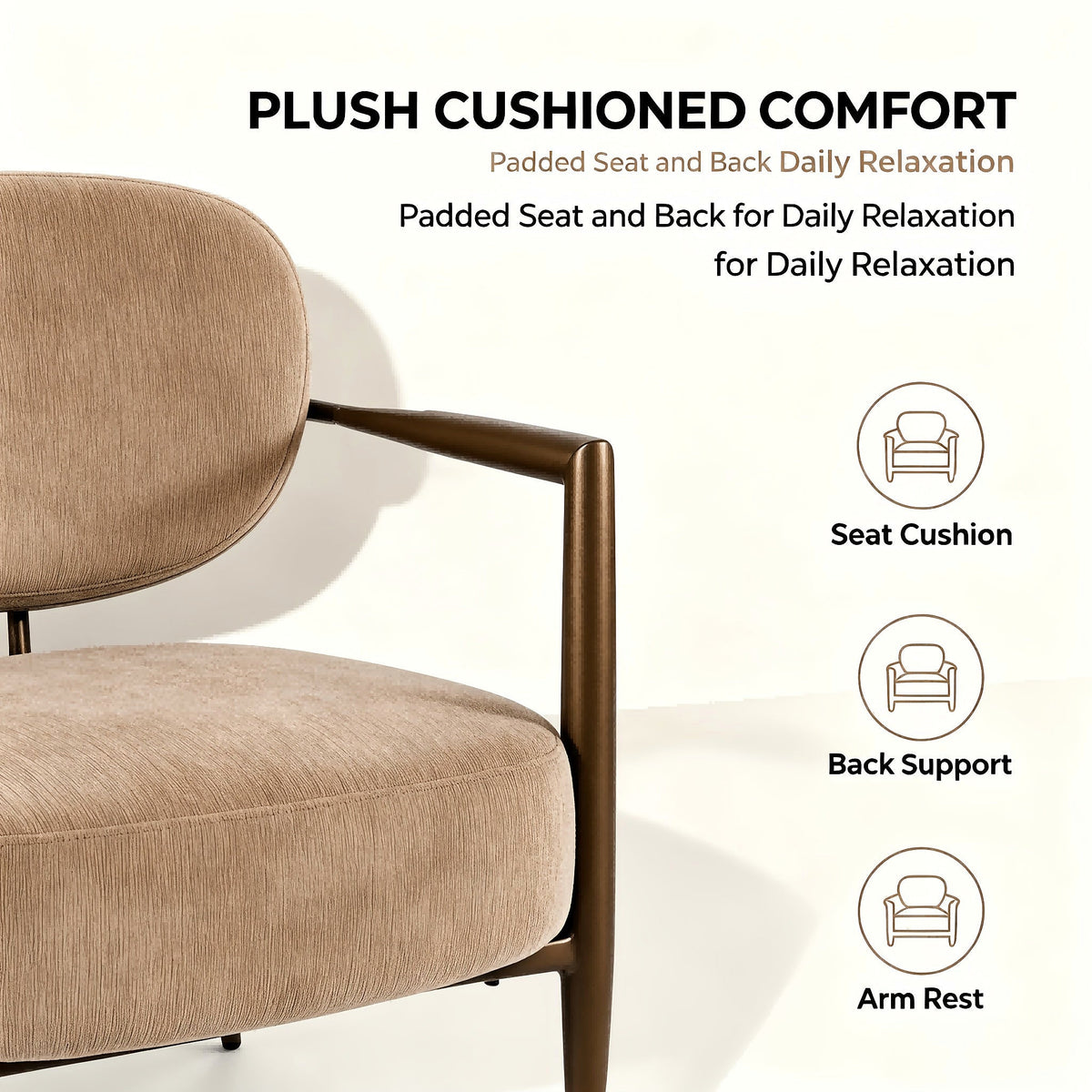 Camel fabric accent chair with an oval back and gold tone metal frame