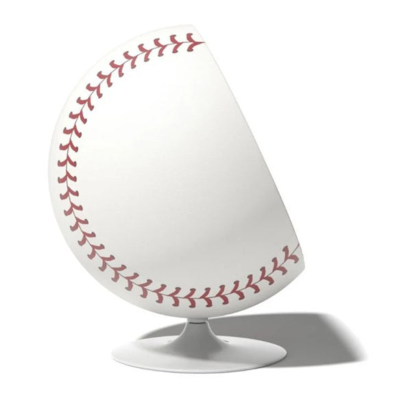 Side view of baseball-print Globe chair