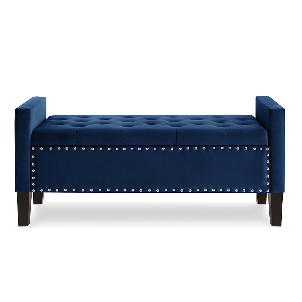 Front view of a navy button-tufted arm bench with nailhead trim and dark legs
