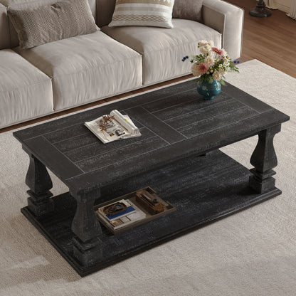 Angled overhead view of the black rectangular coffee table and lower shelf