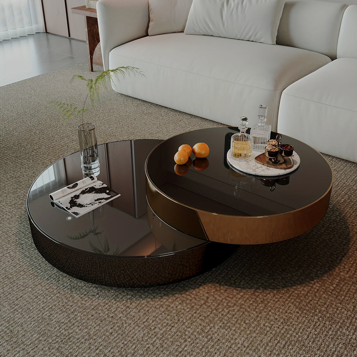 Reflective offset-tier coffee table