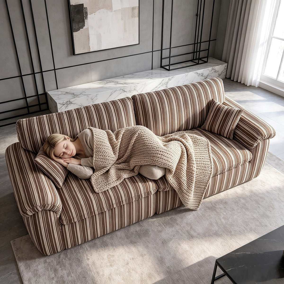 Wren Green Striped Deep-Seat Cloud Sofa — brown colorway reference shown with a reclining person; available option is green