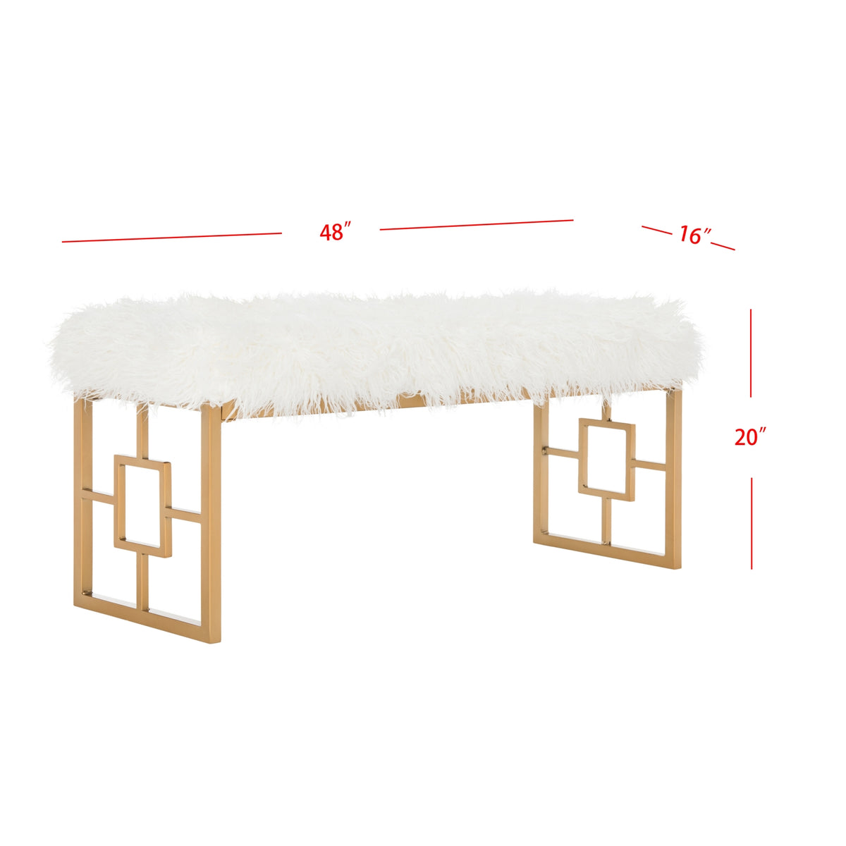 Mera Ivory Faux-Lamb Bench with Gold-Tone Base — bench dimensions diagram