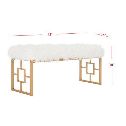 Mera Ivory Faux-Lamb Bench with Gold-Tone Base — bench dimensions diagram
