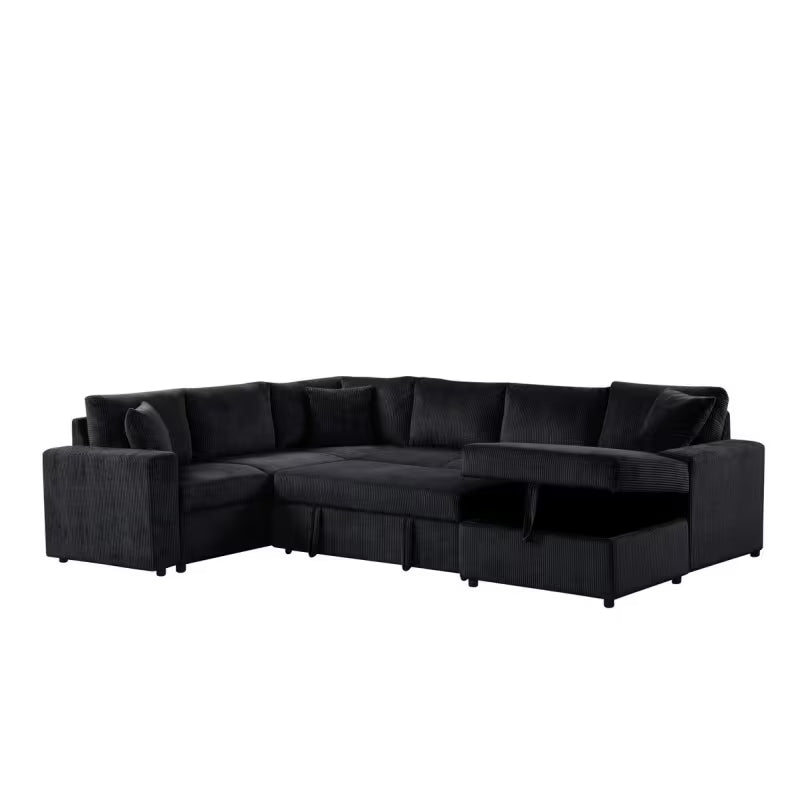 Rinaldo Black Corduroy Sleeper Sectional — storage and sleeper features shown together.