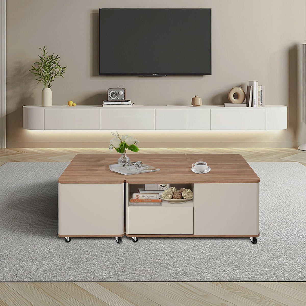 Front view of the beige storage coffee table with a walnut-look top and open drawer